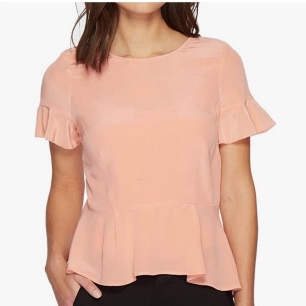 Joie Silk Peplum Blouse with Flutter Sleeve in Peachy Pink